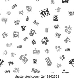 Set Vinyl player, Music synthesizer, Retro cinema camera and Joystick on seamless pattern. Vector