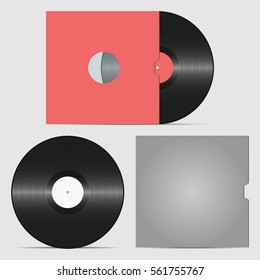 Set of vinyl record and envelope for plate. Retro sound carrier. Plate for DJ Scratch. Vector illustration.