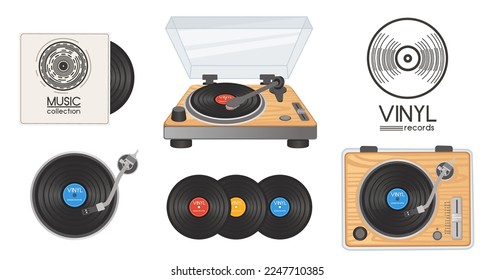 Set of vinyl record player retro design sound equipment vector illustration isolated on white background