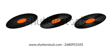 Set of vinyl records in angle view . Long play music plates isolated on white background. DJ discs for techno party. 70s 80s 90s night club discotheque nostalgia concept. Vector flat illustration.