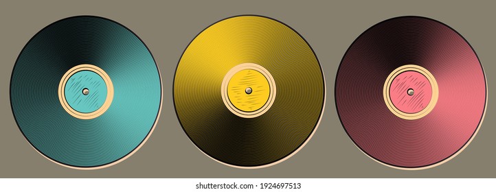 set of vinyl records in blue, yellow and pink colors hand drawing outline icon symbol on dark background. Vector