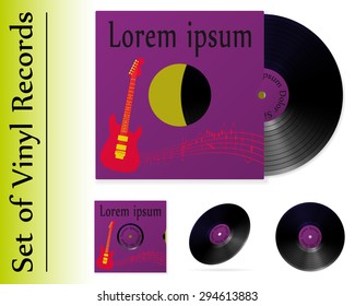 A set of vinyl records with covers. Realistic vinyl and paper cover on a white background. Vector graphics.