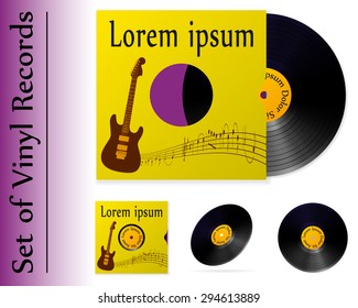 A set of vinyl records with covers. Realistic vinyl and paper cover on a white background. Vector graphics.