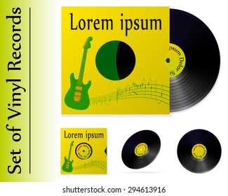A set of vinyl records with covers. Realistic vinyl and paper cover on a white background. Vector graphics.