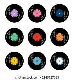 Set of vinyl records. Hand drawn cartoon doodle style. Vintage music discs. Retro stickers. Vector illustration.