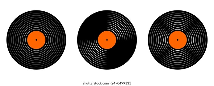 Set of vinyl records. LP or long play music plates for gramophone isolated on white background. DJ discs for techno party. 70s 80s 90s discotheque nostalgia concept. Vector flat illustration.