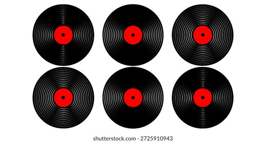 Satz von Schallplatten. LP oder lange Play-Musik-Platten für Grammophon einzeln auf weißem Hintergrund. DJ Discs für Techno Party. 70er 80er 90er Diskothek Nostalgie Konzept. Flache Vektorgrafik.