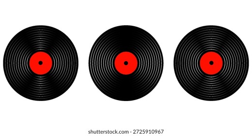 Satz von Schallplatten. LP oder lange Play-Musik-Platten für Grammophon einzeln auf weißem Hintergrund. DJ Discs für Techno Party. 70er 80er 90er Diskothek Nostalgie Konzept. Flache Vektorgrafik.