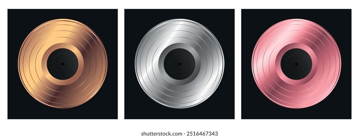 Set of vinyl records in metallic colors. Bronze, silver, pink metallic colored vinyl discs. Vector illustration