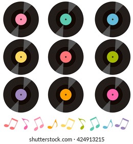set of vinyl records and music notes
