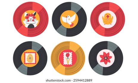 Set of vinyl retro plates with Easter illustrations, hare, bird, chick, egg and flowers. Vector hand drawn elements. 