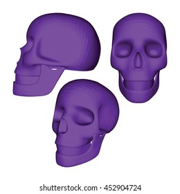 Set of Violet 3D Geometric Skulls on White. Low Poly Realistic Vector Illustration. Collection of Skulls in Different Views.