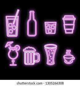 Set of violet abstract neon glowing shiny icons, signs of alcoholic beverages for the bar, cafe: cocktails, glasses, beer, bottles, whiskey on a black background. Vector illustration.