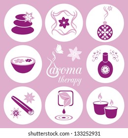 Set of violet aromatherapy icons on light violet background