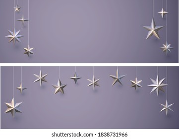 Conjunto de fondo violeta con estrellas de bronce colgantes de diferentes formas. Espacio para texto. Ilustración vectorial de vacaciones.