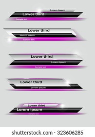 Set of violet, black, gray banners of lower third. Vector illustration.