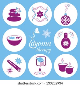 Set of violet and blue aromatherapy icons on light blue background