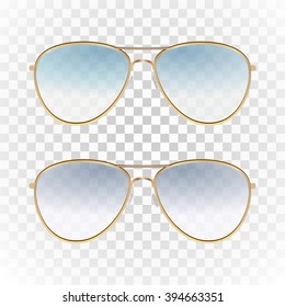 Set - Violet And Blue Color Aviator Sunglasses With Gold Frame. Sun Glasses With Transparent Gradient Lenses. Unisex Style, Realistic Design, Vector Art Image Illustration Isolated On White Background