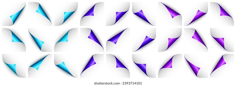Conjunto de rizos de papel azul y violeta. Esquina de página curvada con sombra. Hoja de papel en blanco. Lámina resplandeciente y colorida. Elemento de diseño para publicidad y promoción. Ilustración vectorial.