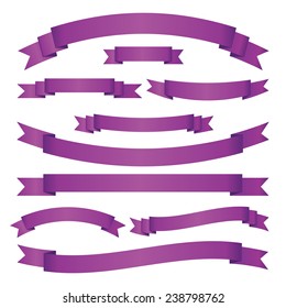Set of violet bright ribbons and banners on white background. Collection of blank scrolls for your design. Vector illustration.