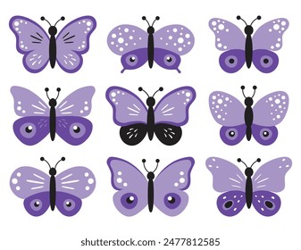 Set of violet butterflies isolated on white background, collection of silhouettes. Butterfly purple color, flying shape, vector design. Abstract modern monarch butterfly contours for decoration design