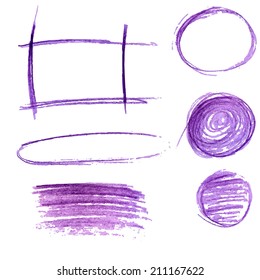 Set of violet color pencil strokes and frames. Sketch vector design elements