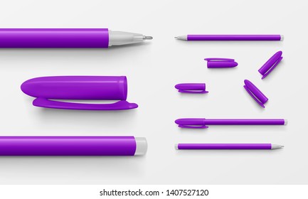 Set of violet colored office pens and caps in horizontal position, realistic vector illustration