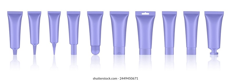 Set of violet cosmetic tubes. Closed blank tubes with caps. Realistic mockup. Long nozzle tube. for ointment or salve. Gel serum. Korean packaging. Lip gloss. Toothpaste. Hand cream