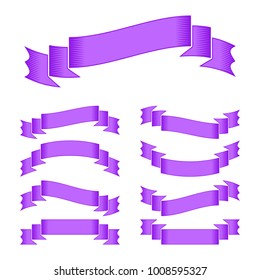 Set of violet curved isolated ribbons banners on white background. Simple flat vector illustration. With space for text. Suitable for infographics, design, advertising, holidays, labels.