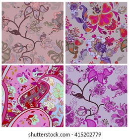 Set of Violet Decorative creative floral boho seamless pattern with flowers. Vector illustration.