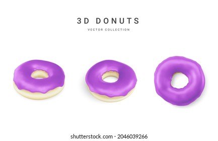 Set of violet donuts isolated on white background. Collection of colorful donuts. Various glazed donuts. Vector illustration