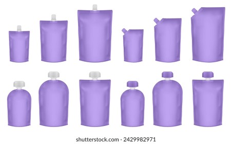 Set of violet doypack packaging with screw cap. Blank foil drink bags pouches with spout. Ketchup, mayonnaise or mustard. Stand up doy pack mock up set. Cosmetic refill. Fruit puree, baby food