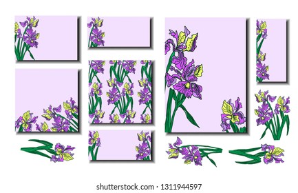 Set of violet floral frames/cards with irises. Vector design elements.