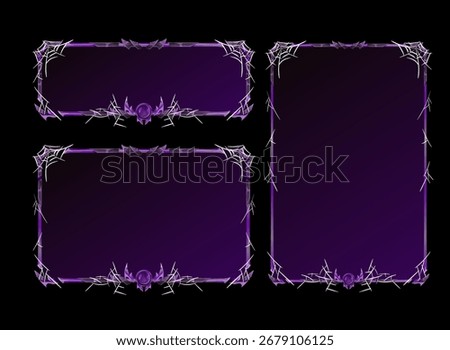 Set of Violet Frame and Diamond Border Fantasy Medieval Game UI Board Templates — Various Sizes with Spider Web Halloween Theme for RPG and Adventure Design Assets