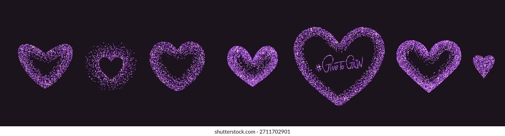 Conjunto de marcos de forma de corazón brillante violeta aislados sobre fondo negro. Marco brillante con efectos brillantes para 2026 IWD con lema Give To Gain. Ilustración vectorial