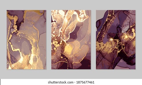 Set of violet, and gold marble abstract patterns. Alcohol ink technique stone texture. Vector background. Modern paint with glitter. Banner, poster design template.