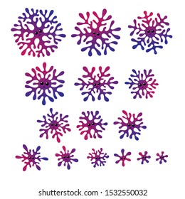A set of violet gradient snowflakes. Drawing in a doodle. Illustration by hand.