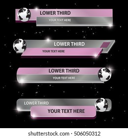 Set of violet and gray banners  of  lower third with globes against a dark background. Vector illustration.