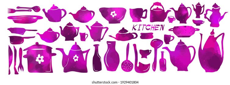 A set of violet kitchen utensils. Vector illustration