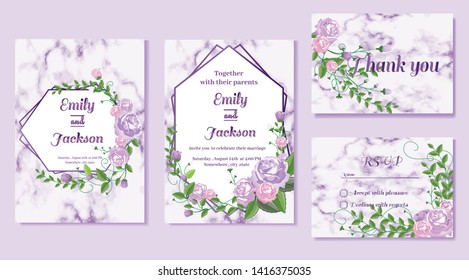 set of violet marble Wedding invitation card, floral  Style. Classic shape Border ,vector decorative greeting card design