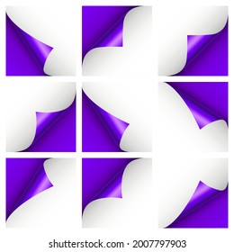 Satz violetter Papierbögen. Kuratierte Seitenecke mit Schatten. Leeres Blatt Papier. Farbige glänzende Folie. Design-Element für Werbung und Werbung. Vektorgrafik.