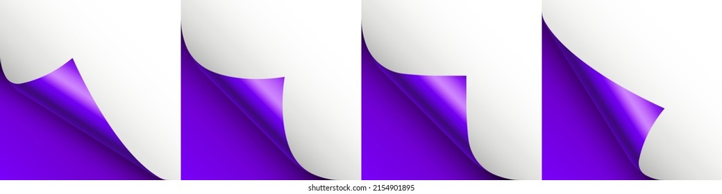 Set of violet paper curls. Curled page corner with shadow. Blank sheet of paper. Colorful shiny foil. Design element for advertising and promotion. Vector illustration.