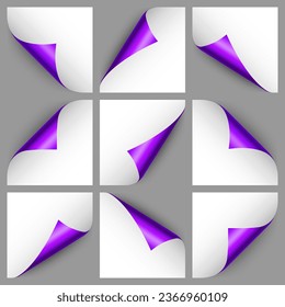 Set of violet paper curls. Curled page corner with shadow. Blank sheet of paper. Colorful shiny foil. Design element for advertising and promotion. Vector illustration.