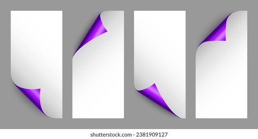 Set of violet paper curls. Curled page corner with shadow. Blank sheet of paper. Colorful shiny foil. Design element for advertising and promotion. Vector illustration.