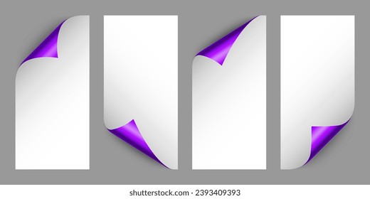 Conjunto de rizos de papel violeta. Esquina de página curvada con sombra. Hoja de papel en blanco. Lámina resplandeciente y colorida. Elemento de diseño para publicidad y promoción. Ilustración vectorial.