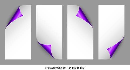 Set of violet paper curls. Curled page corner with shadow. Blank sheet of paper. Colorful shiny foil. Design element for advertising and promotion. Vector illustration.