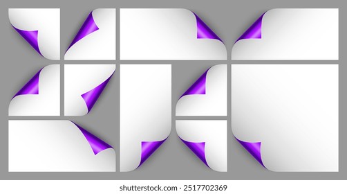 Conjunto de rolos de papel violeta. Canto de página ondulado com sombra. Folha em branco. Folha brilhante colorida. Elemento de design para publicidade e promoção. Ilustração vetorial.