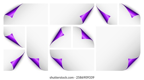Set of violet paper curls. Curled page corner with shadow. Blank sheet of paper. Colorful shiny foil. Design element for advertising and promotion. Vector illustration.