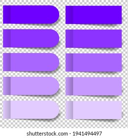 Set of violet pieces of stickers and rounded bookmarks isolated on a transparent background. Separate pieces of tape flat realistic illustration