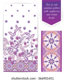 Set of violet raspberries seamless vertical floral design and ornate border. The border can be used as an independent seamless pattern. Use fabric for dresses, bedding, web design, wallpaper etc